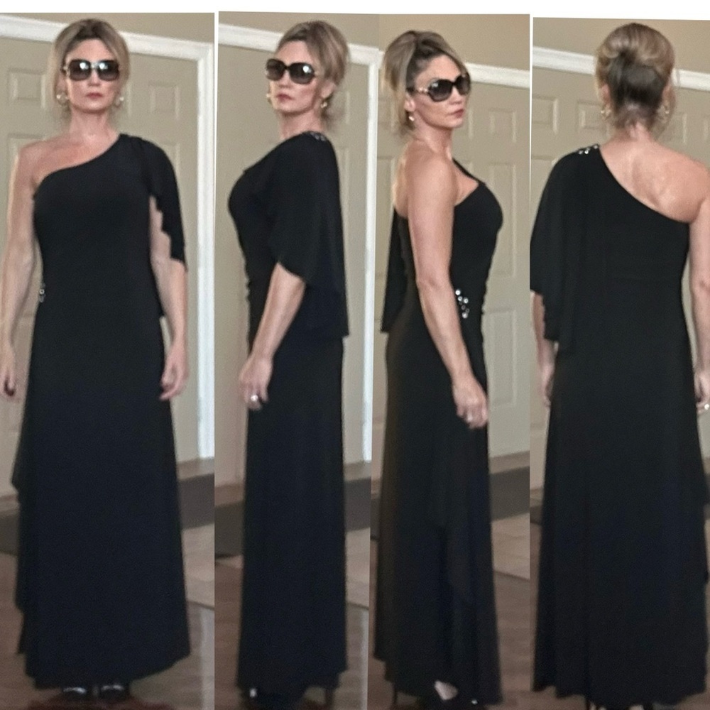Cache black one shoulder draped sleeve beaded rhinestone ruched maxi gown dress
